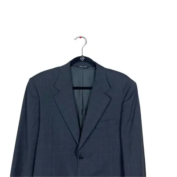 Barneys New York Grid Print Wool Notch Collar 2 Button Blazer Gray Blue 40 S